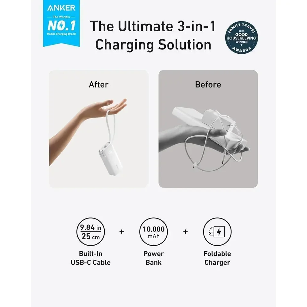 Anker Nano 3in1 Portable Charger 10000mAh USB C Foldable Plug 30W Power Bank